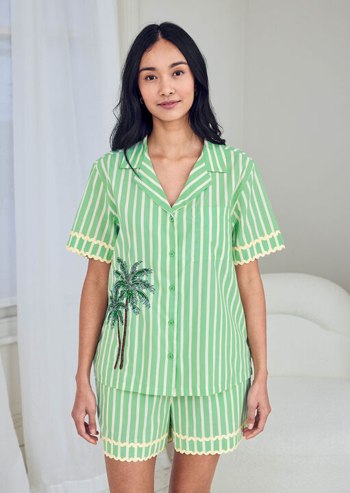 Chelsea Peers Palm  Stripe Revere Short Slv Set Green image number 1.0