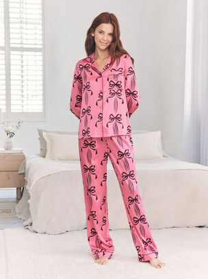 Wavy Bow Satin Long Sleeve Set - Pink