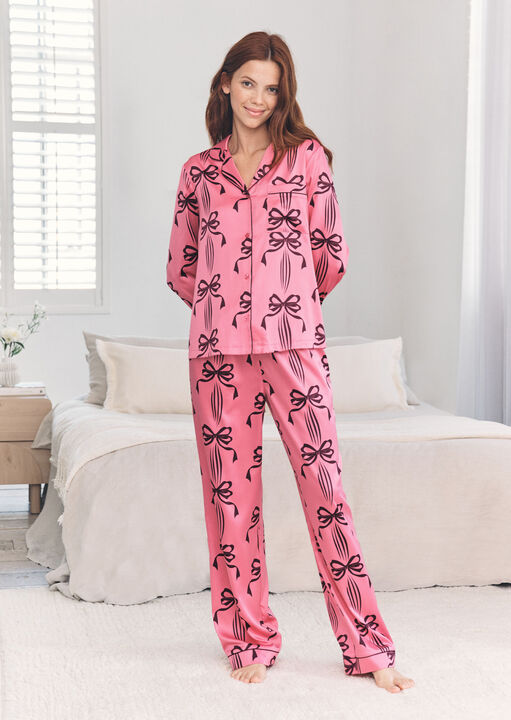 Wavy Bow Satin Long Sleeve Set image number 0.0