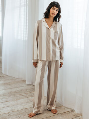 Stripe Revere Long Sleeve Set - Beige