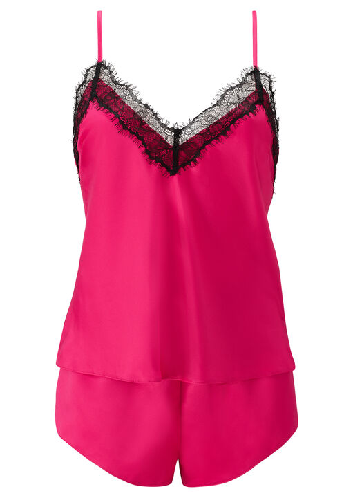 Cerise Satin Lace Trim Cami Top & Shorts Set image number 5.0