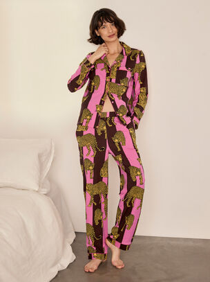 Chelsea Peers Stripe Leopard Organic Cotton Long Sleeve Pyjama Set - Multi