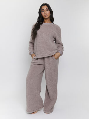 Borg Jumper & Wide Leg Set - Brown