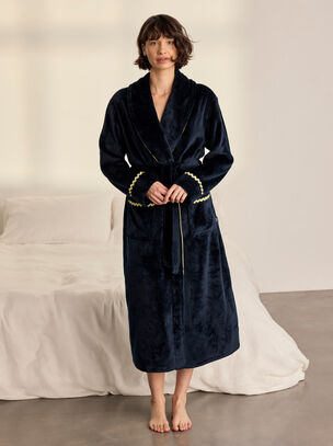 Chelsea Peers Good Night Cotton Embroidered Robe - Navy