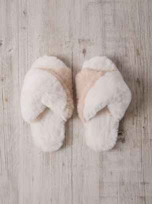 Faux Fur Cross Over Slipper - Beige