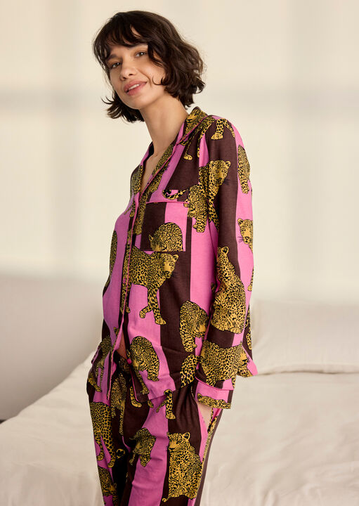 Chelsea Peers Stripe Leopard Organic Cotton Long Sleeve Pyjama Set image number 1.0