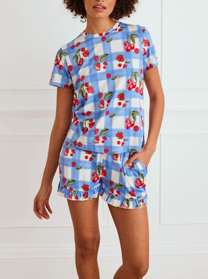 Gingham Cherry Short Sleeve Set - Blue