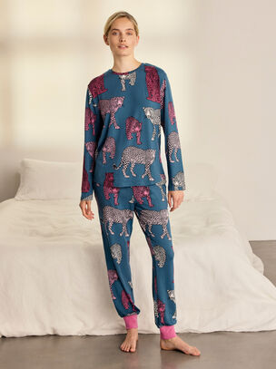 Chelsea Peers Multi Leopard Pyjama Set - Teal