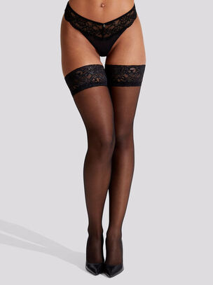 Lace Top Glossy Hold Ups - Black