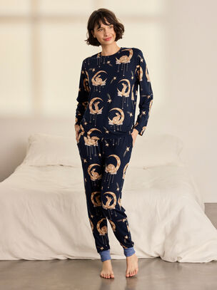 Bunny On The Moon Cotton Long Sleeve Pyjama Set - Navy