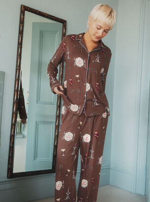 Girl Dinner Revere Collar Long Sleeve Pyjama Set  - Burgundy