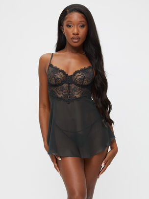 Iris Lace Underwired Babydoll Lingerie 2 Piece Set