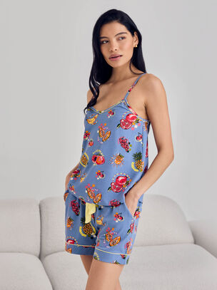 Tropical Fruit Cami Short Sleeve Set  - Blue