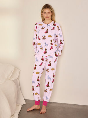 Chelsea Peers Fairytale Dogs Cotton Long Sleeve Pyjama Set - Pink