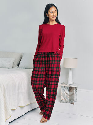 Pointelle Check Long Sleeve Set - Red
