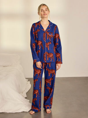 Chelsea Peers Tiger Revere Cotton Long Sleeve Pyjama Set - Blue