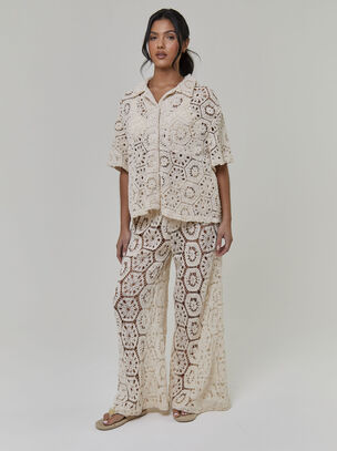 Crochet Short Sleeve Shirt  - Cream