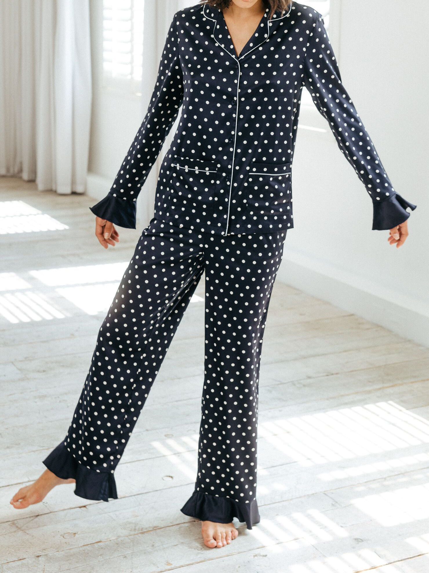 Polka Dot Satin Long Sleeve Set Navy Knickerbox