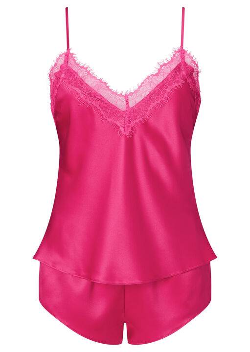 Cerise Satin Lace Trim Cami Top & Shorts Set image number 5.0