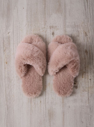 Faux Fur Cross Over Slipper - Pink