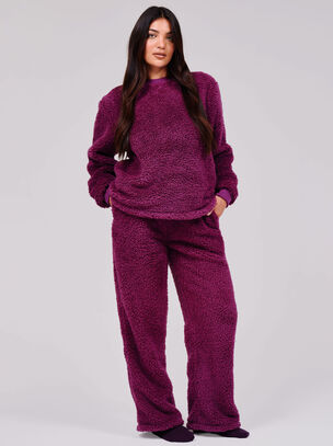 Loungeable Borg Jumper and Wide Leg Jogger Set - Burgundy