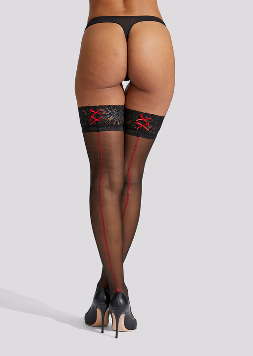 Lace Top Seamed Glossy Hold Ups image number 0.0