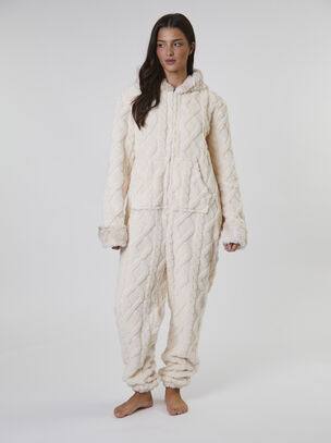 Loungeable Fluffy Cable Knit Onesie - Cream