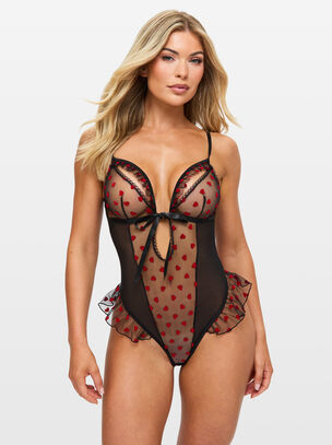 Queen of Hearts Crotchless Teddy Lingerie - Black/Red