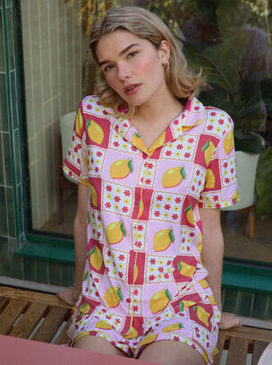 Lemon Tile Print Short Sleeve Revere Set - Yellow