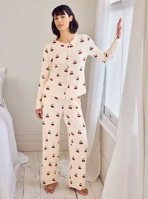 Ditsy Cherry Rib Long Sleeve Set - Cream