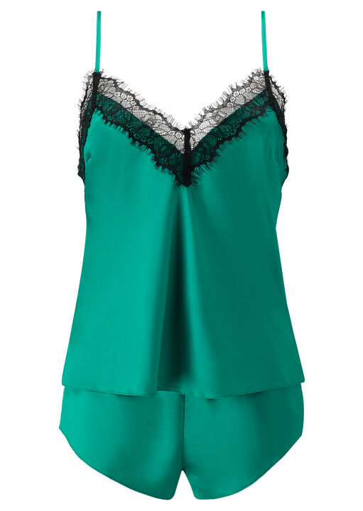 Cerise Satin Lace Trim Cami Top & Shorts Set image number 5.0