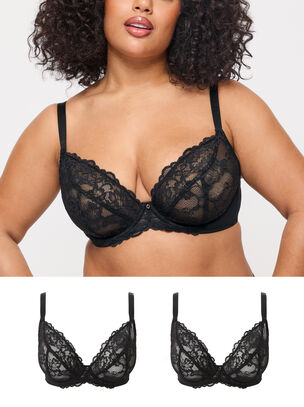 Sexy Lace Non Padded Fuller Bust Plunge Bra 2 Pack - Black