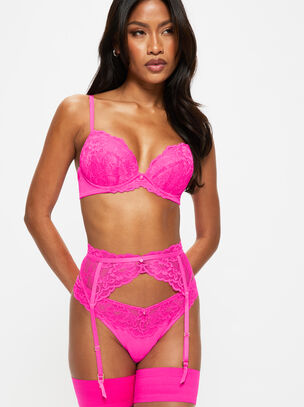 Sexy Lace Padded Plunge Bra - Bright Pink