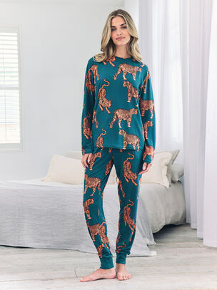 Tiger Print Long Sleeve Set - Teal