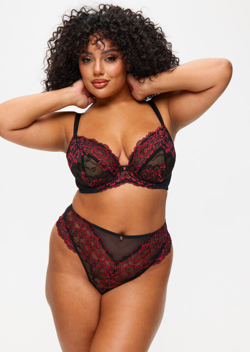 Ann Summers Black/Red Sexy Lace Fuller Bust Non Padded Plunge Bra, 32Ff