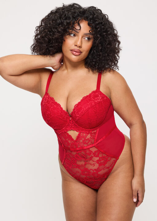 Ann Summers Red Sexy Lace Padded Plunge Lingerie Body, 14D/Dd - Image 1