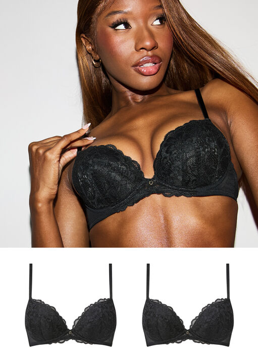 Ann Summers Women's Black (2 Pack) Sexy Lace Padded Plunge Bra Curve-Enhancing Underwear With Padded Cups & Underwire, Removable Mini Pads For Smaller Sizes, Adjustable Straps - Image 2