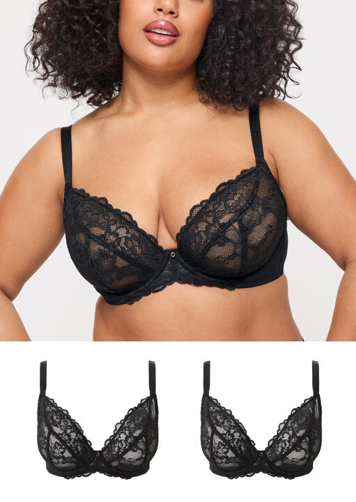 Ann Summers Black Sexy Lace Non Padded Fuller Bust Plunge Bra Pack Of 2, 32E