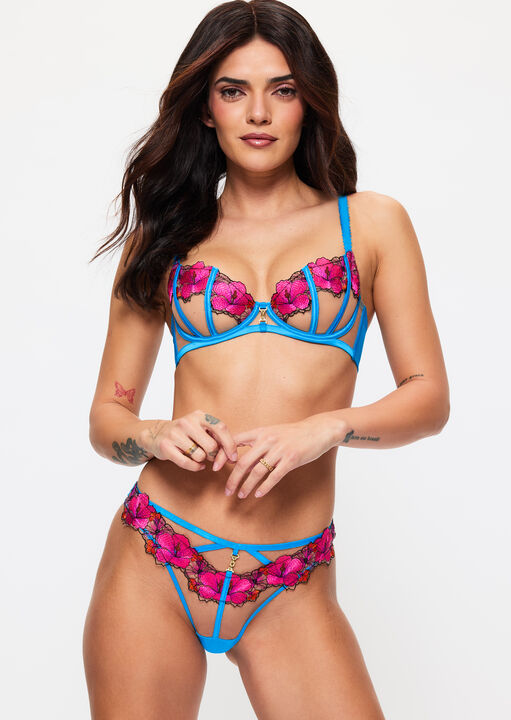 Ann Summers Turquoise Caged Hibiscus Embroidered Non Padded Balcony Bra, 34C
