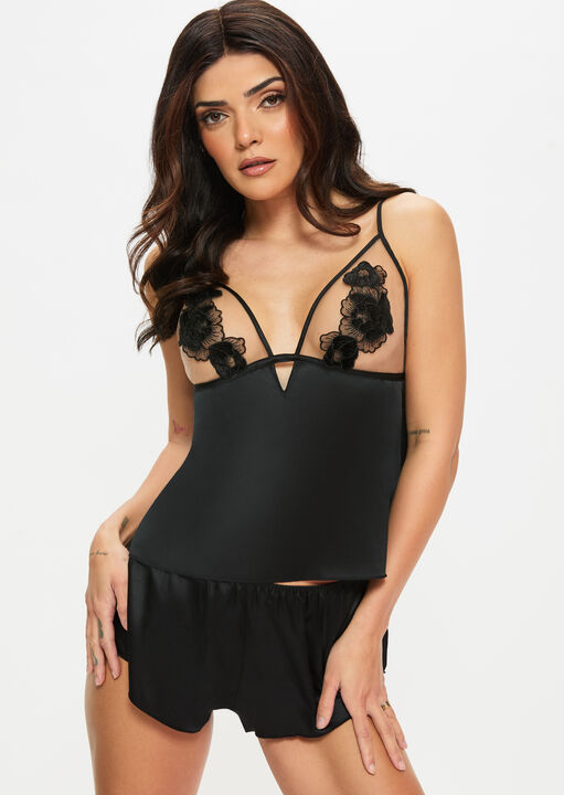 Ann Summers Black Delphine Satin Cami Top & Shorts Set, Xxl