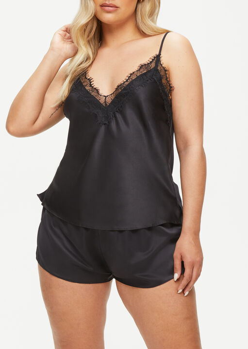 Ann Summers Black Cerise Satin Lace Trim Cami Top & Shorts Set, Xl