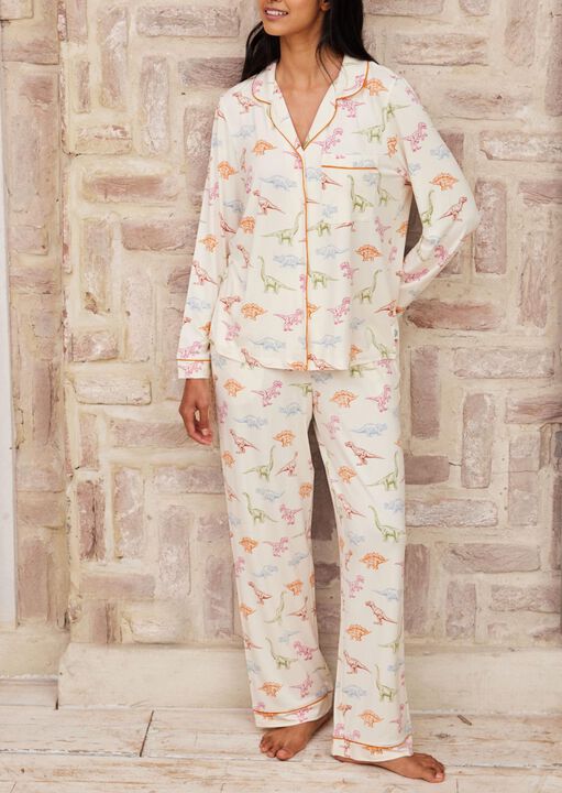 CHELSEA PEERS Dinosaur Print Long Pyjama Set, White, Size 20, Women - Image 2