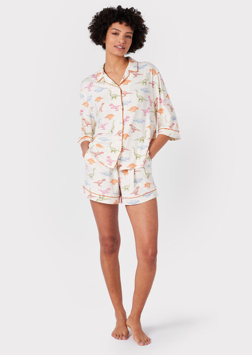 CHELSEA PEERS Dinosaur Print Short Pyjama Set, White, Size 12, Women - Image 2