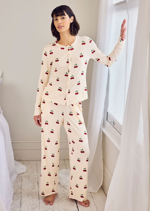 Chelsea Peers Girls White Ditsy Cherry Rib Long Sleeve Set, 22