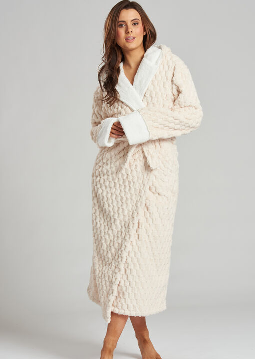 Loungeable Women's Cream Geometric Luxury Fleece Hooded Maxi Robe In | Size: Medium - Image 2