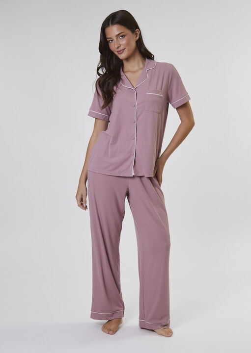 Loungeable Pink Rib Short Sleeve Revere Set, Xs