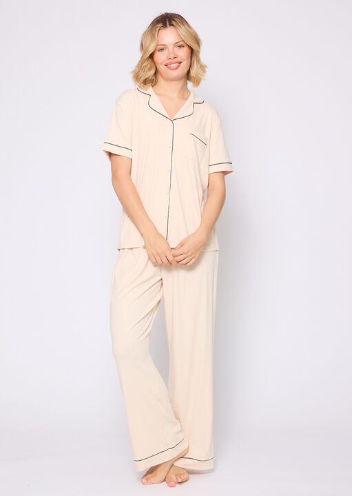 Loungeable White Rib Short Sleeve Revere Set, Xs