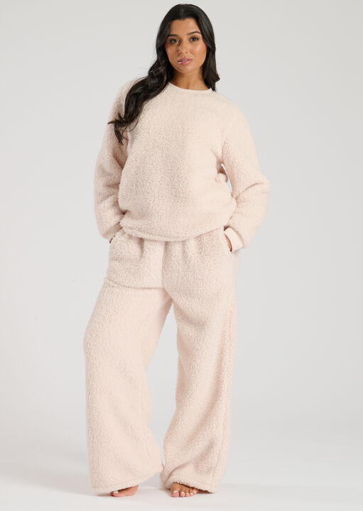 Loungeable White Borg Jumper & Wide Leg Set, M